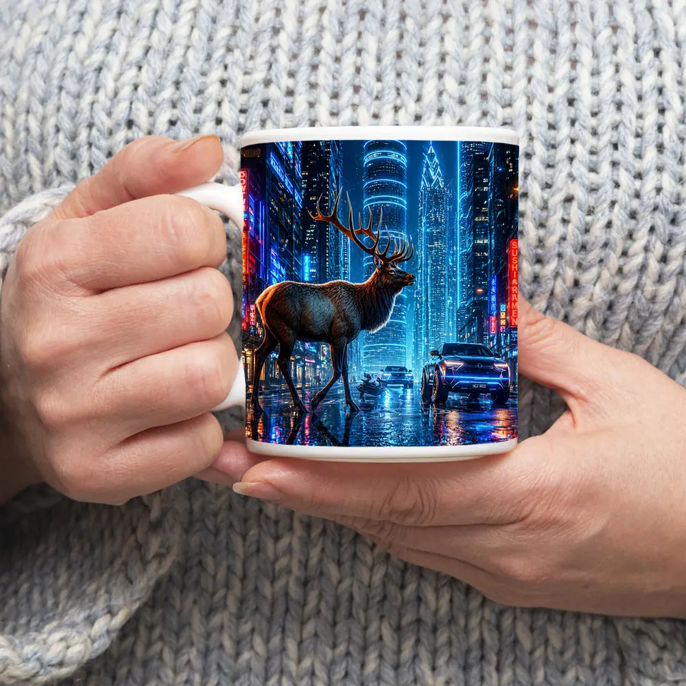 Elk Stag Walking Neon Cyberpunk City Night – Mugs