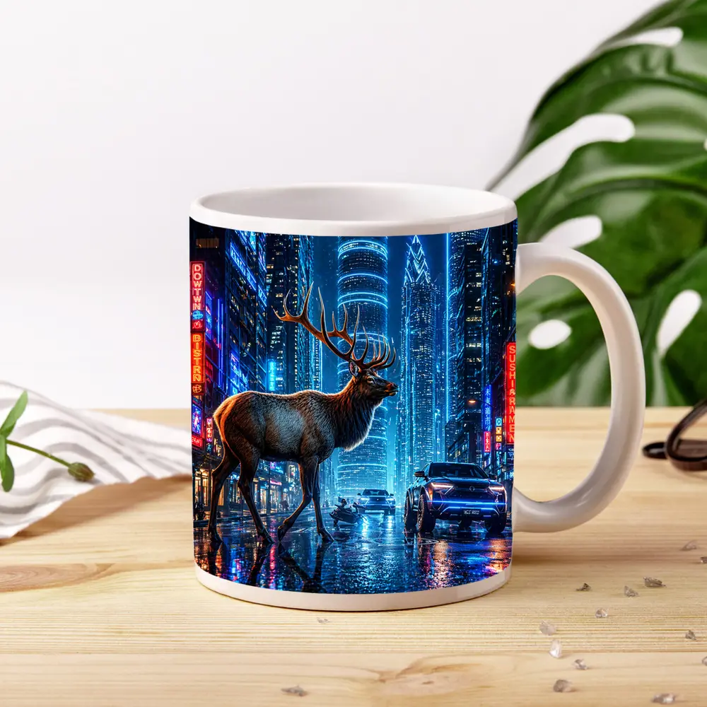 Elk Stag Walking Neon Cyberpunk City Night – Mugs