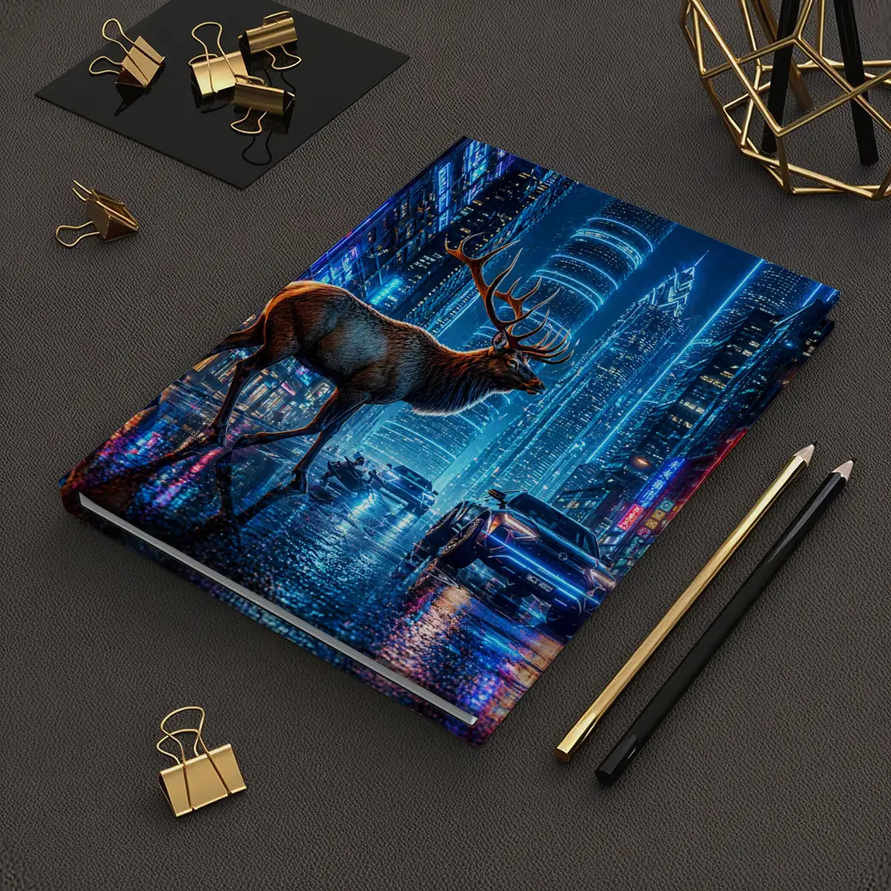 Elk Stag Walking Neon Cyberpunk City Night – Notebooks