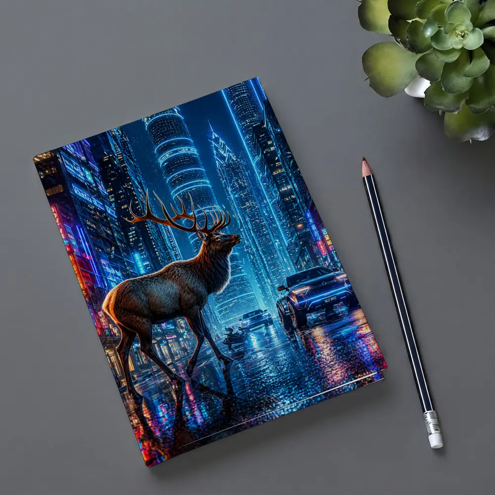 Elk Stag Walking Neon Cyberpunk City Night – Notebooks