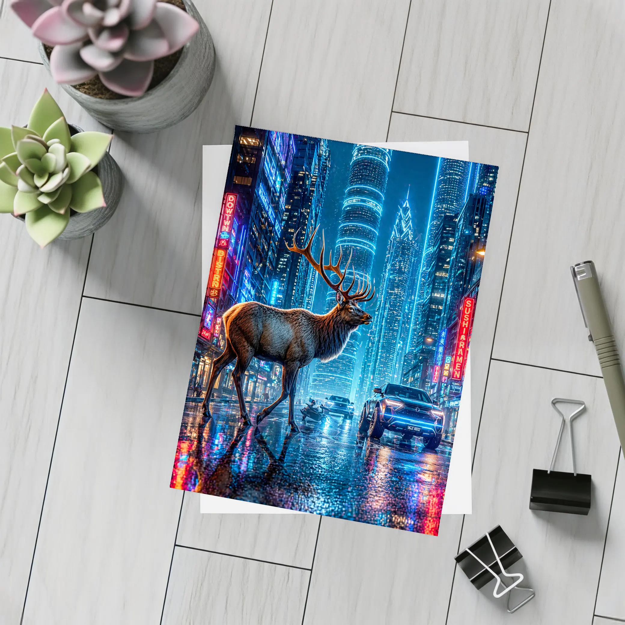Elk Stag Walking Neon Cyberpunk City Night – Postcards