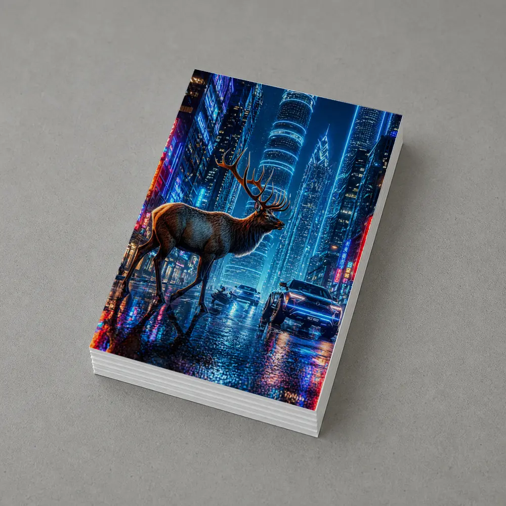 Elk Stag Walking Neon Cyberpunk City Night – Postcards