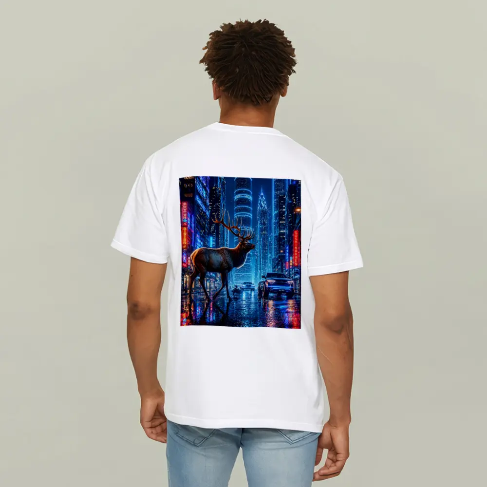 Elk Stag Walking Neon Cyberpunk City Night – T-Shirts