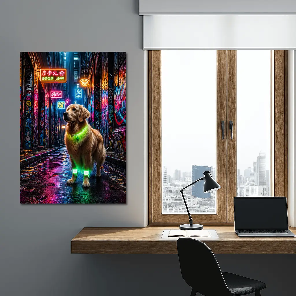 Golden Retriever Neon Glow Graffiti Alley – Wall Art