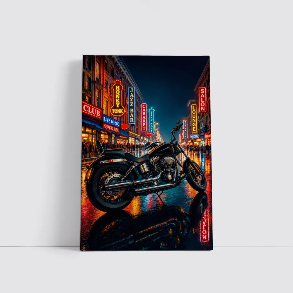 Harley Davidson Chopper Rainy Neon City Night – Wall Art