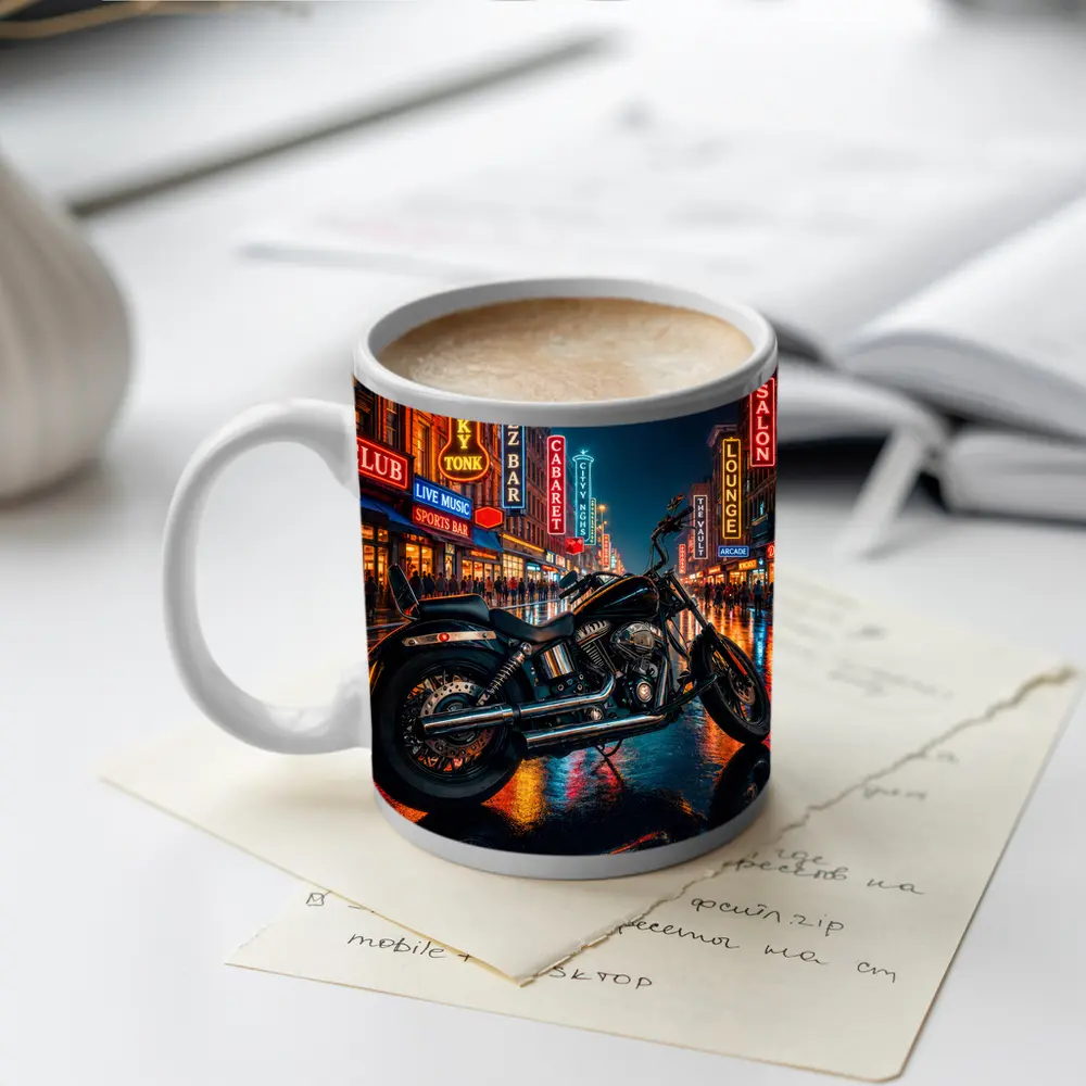 Harley Davidson Chopper Rainy Neon City Night – Mugs