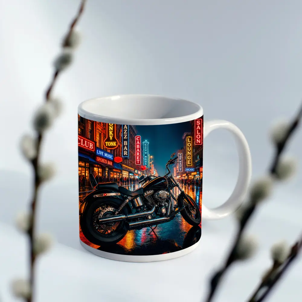 Harley Davidson Chopper Rainy Neon City Night – Mugs