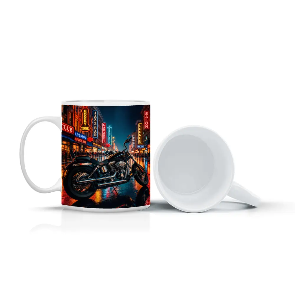 Harley Davidson Chopper Rainy Neon City Night – Mugs