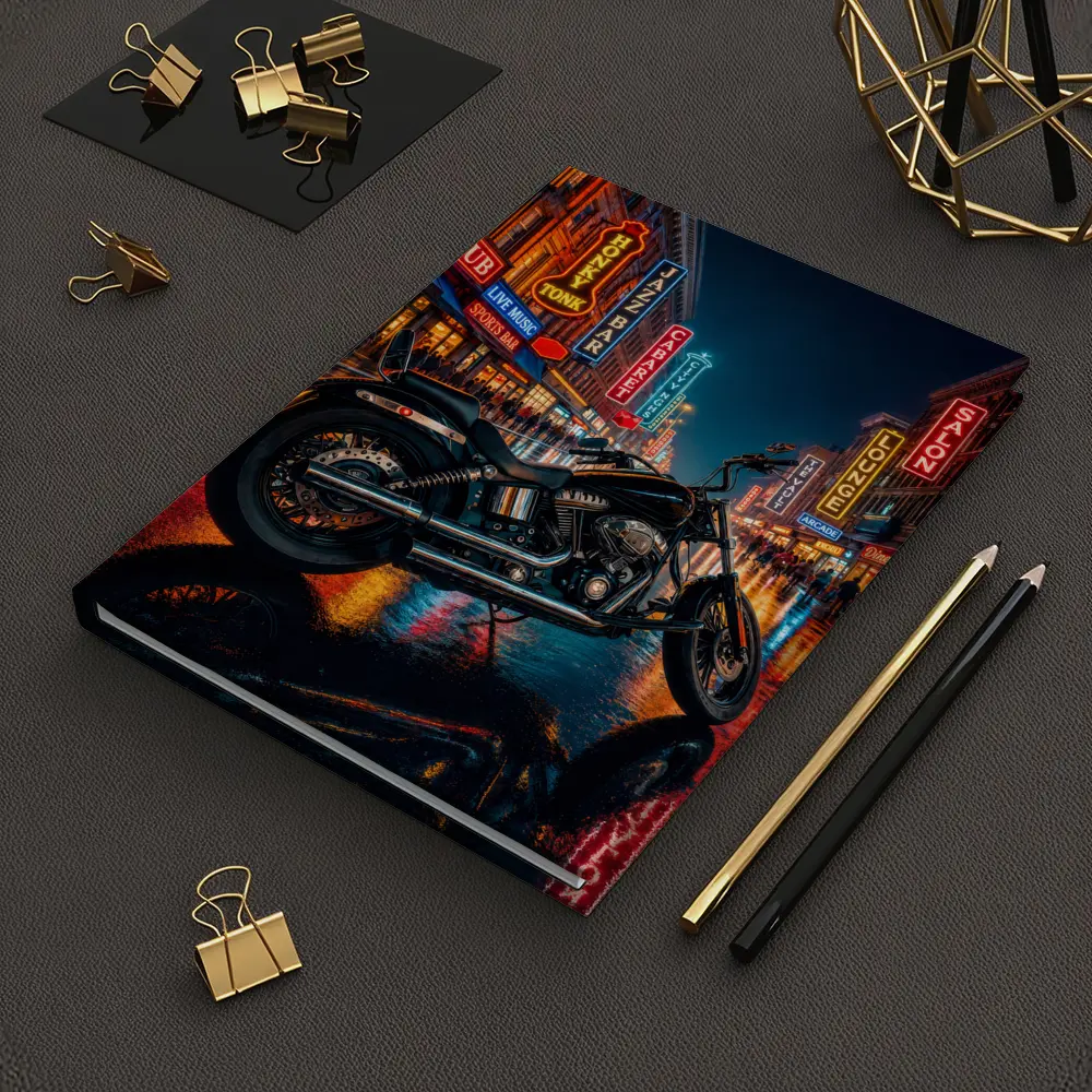 Harley Davidson Chopper Rainy Neon City Night – Notebooks