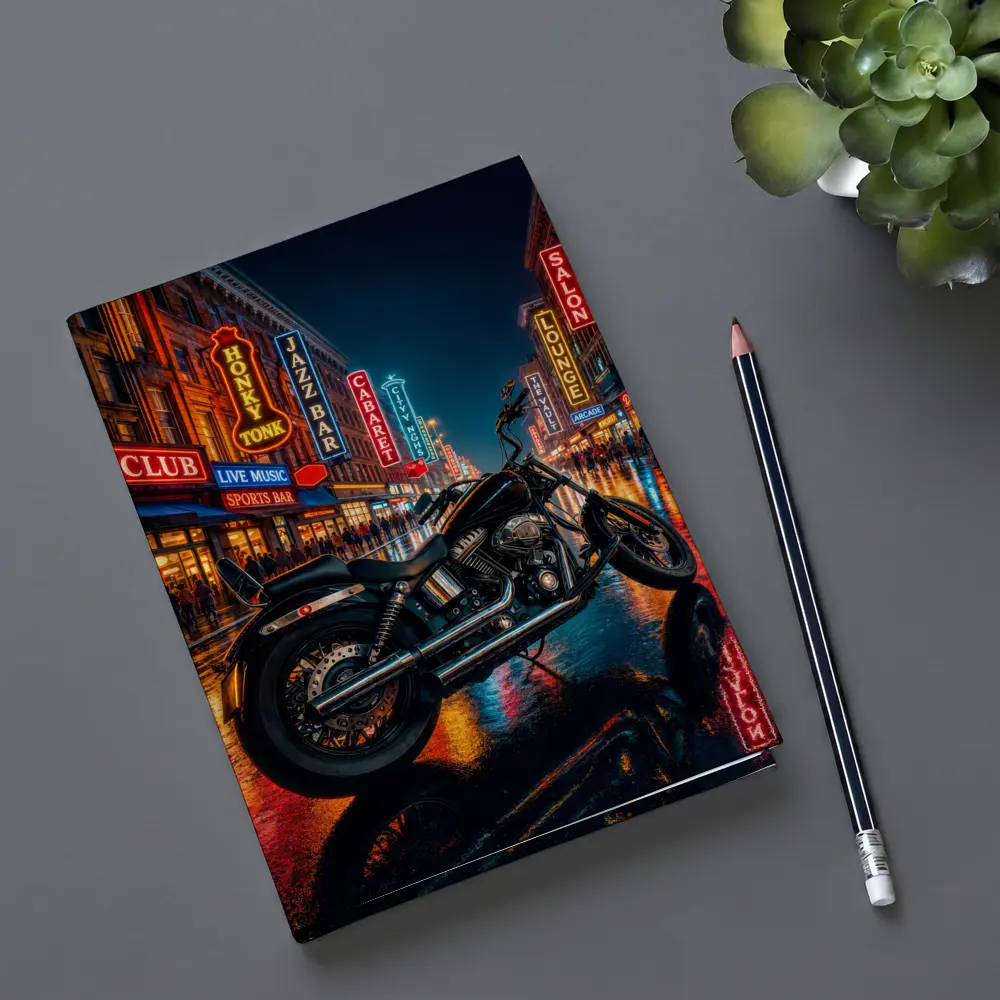 Harley Davidson Chopper Rainy Neon City Night – Notebooks