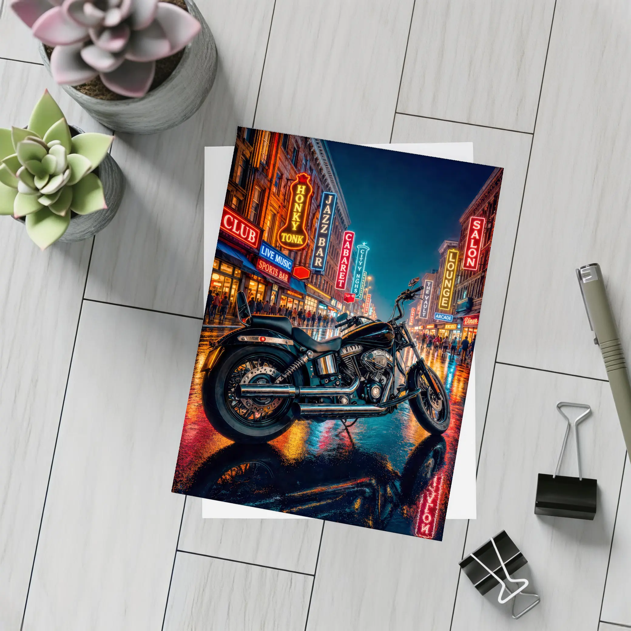 Harley Davidson Chopper Rainy Neon City Night – Postcards