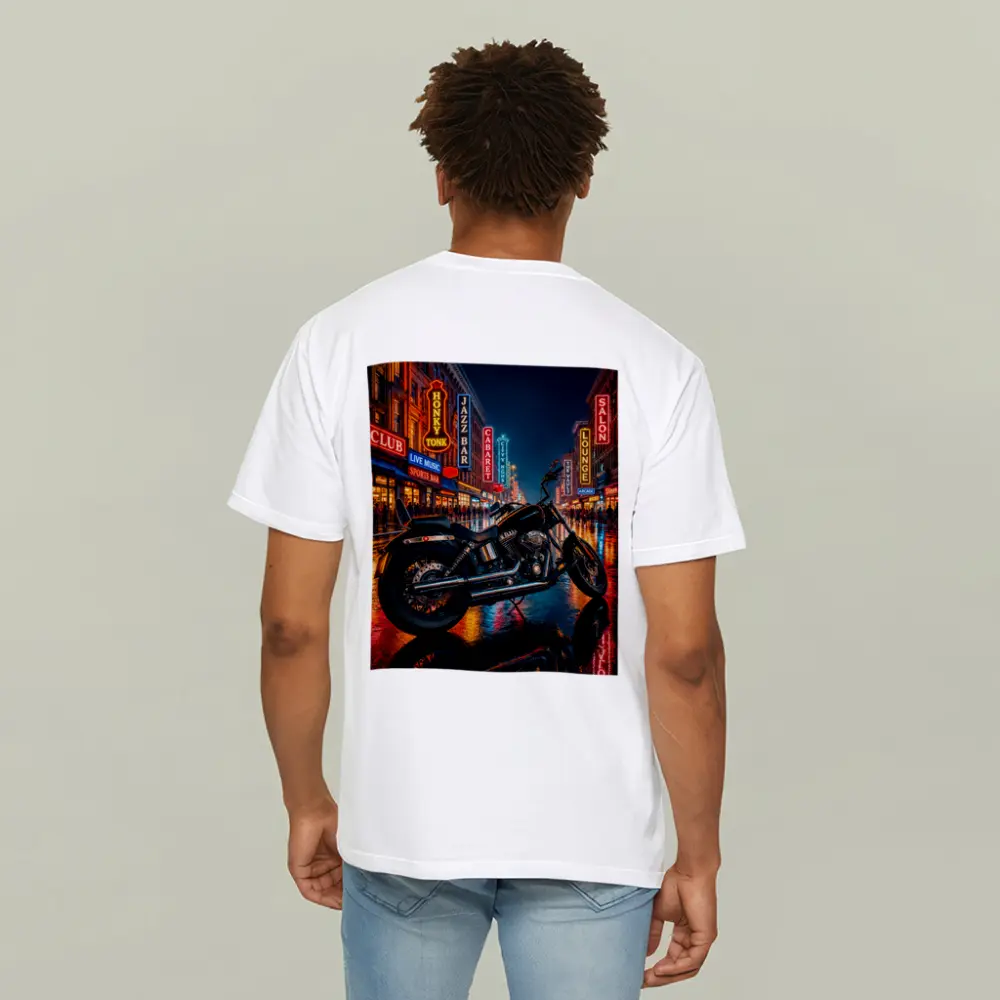 Harley Davidson Chopper Rainy Neon City Night – T-Shirts