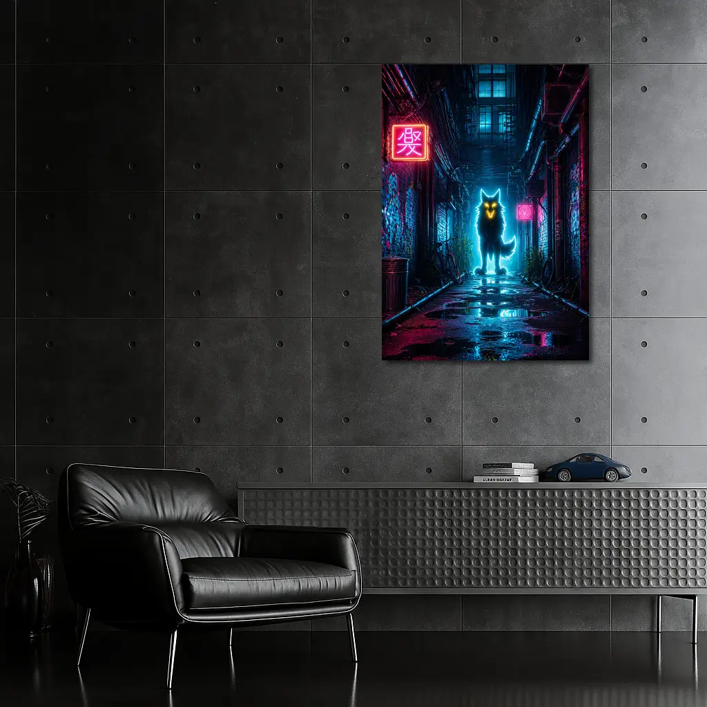 Neon Glowing Wolf Dark Cyberpunk Alley – Wall Art
