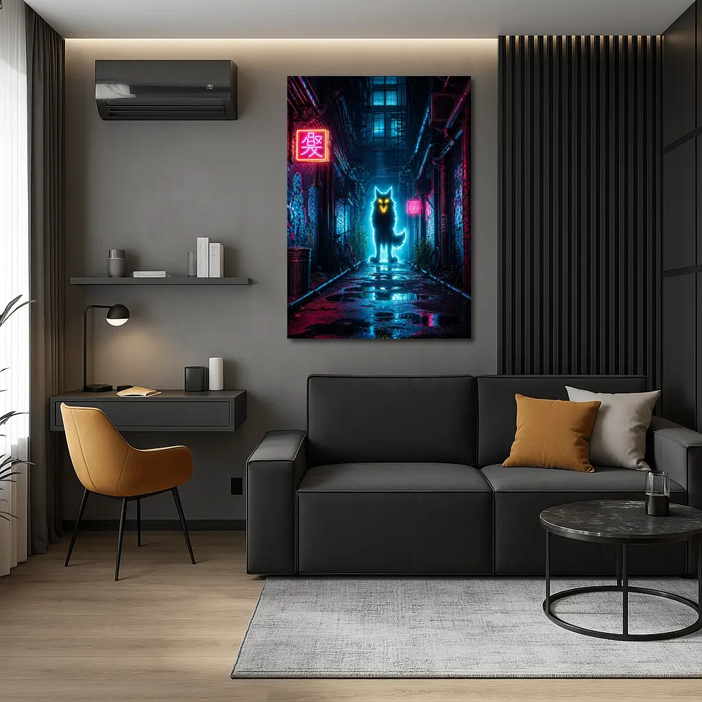 Neon Glowing Wolf Dark Cyberpunk Alley – Wall Art