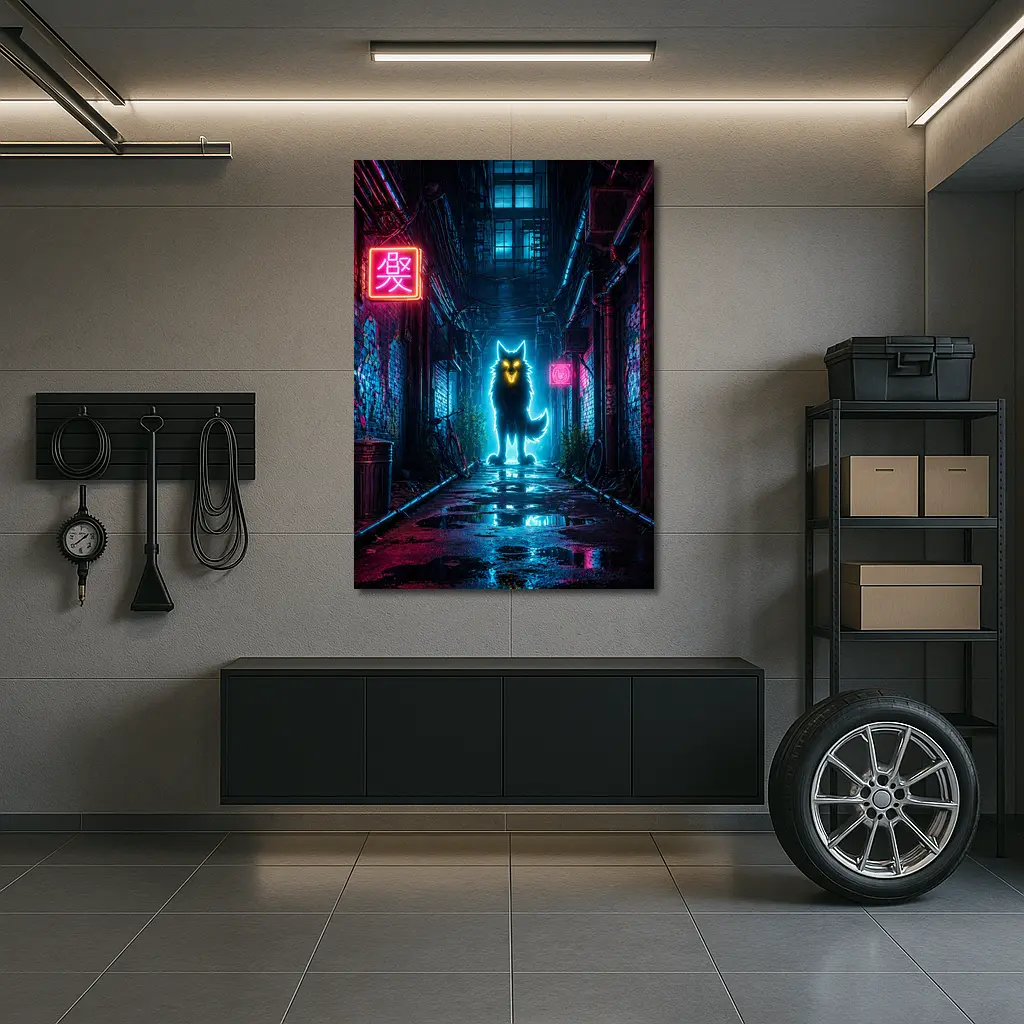Neon Glowing Wolf Dark Cyberpunk Alley – Wall Art