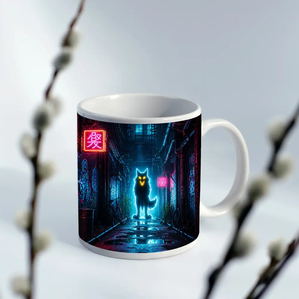 Neon Glowing Wolf Dark Cyberpunk Alley – Mugs
