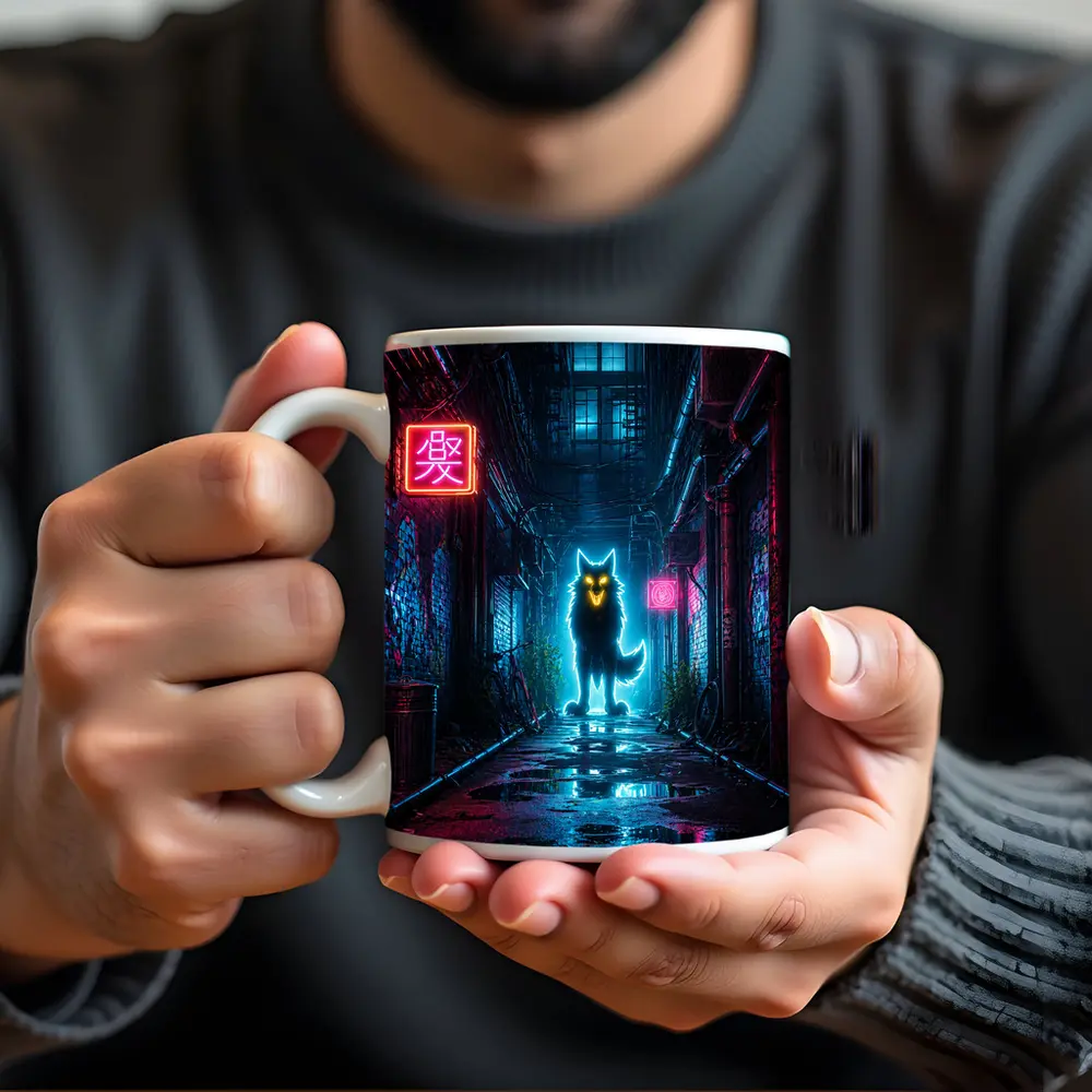 Neon Glowing Wolf Dark Cyberpunk Alley – Mugs