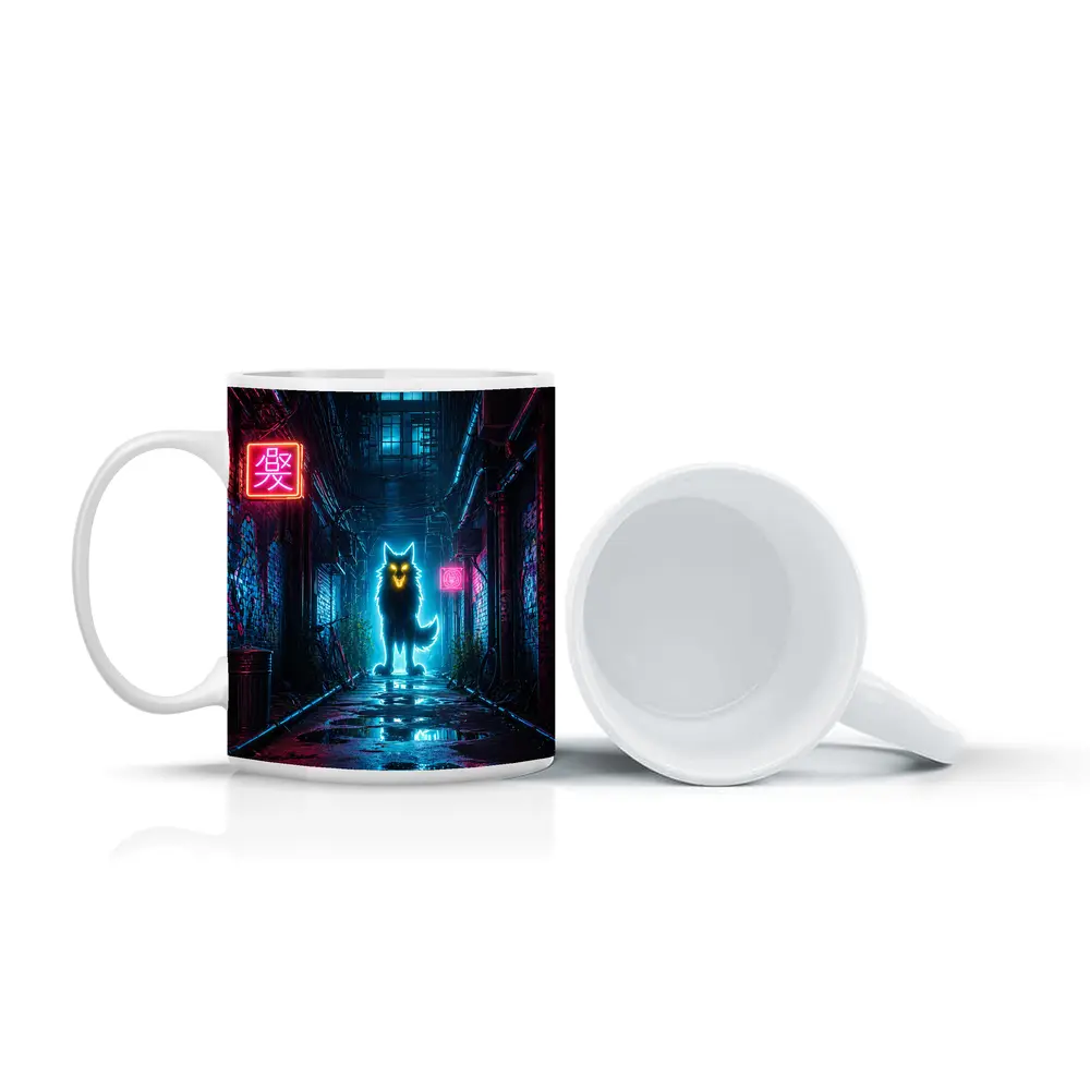 Neon Glowing Wolf Dark Cyberpunk Alley – Mugs