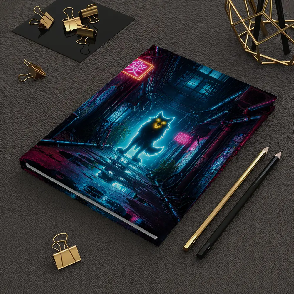 Neon Glowing Wolf Dark Cyberpunk Alley – Notebooks