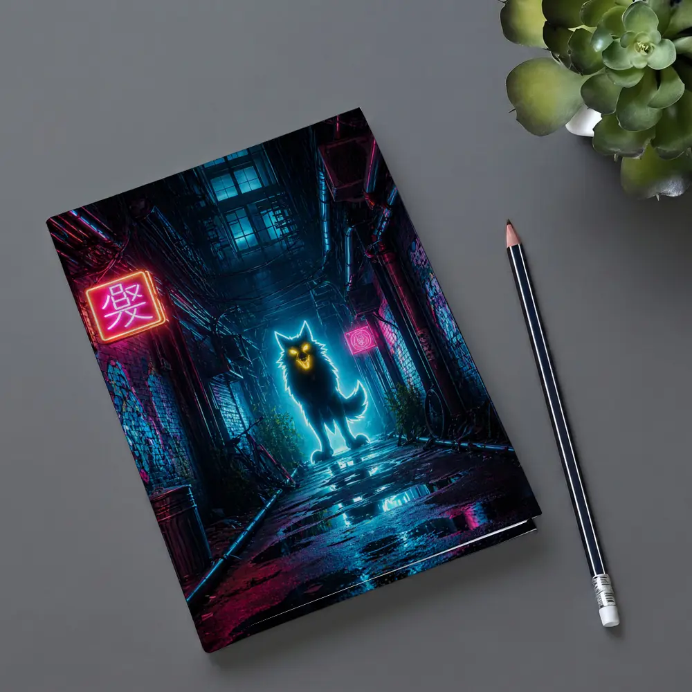 Neon Glowing Wolf Dark Cyberpunk Alley – Notebooks