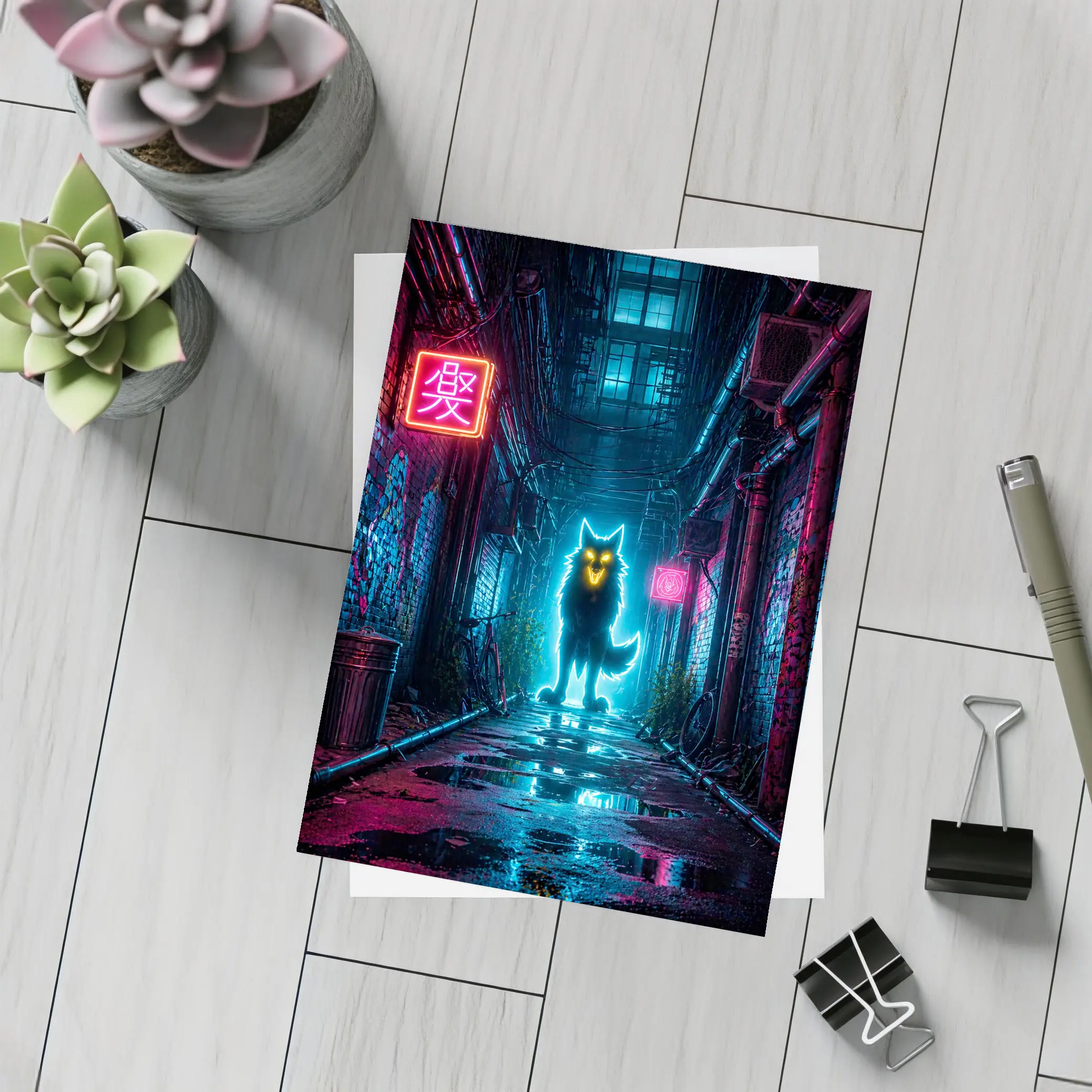 Neon Glowing Wolf Dark Cyberpunk Alley – Postcards
