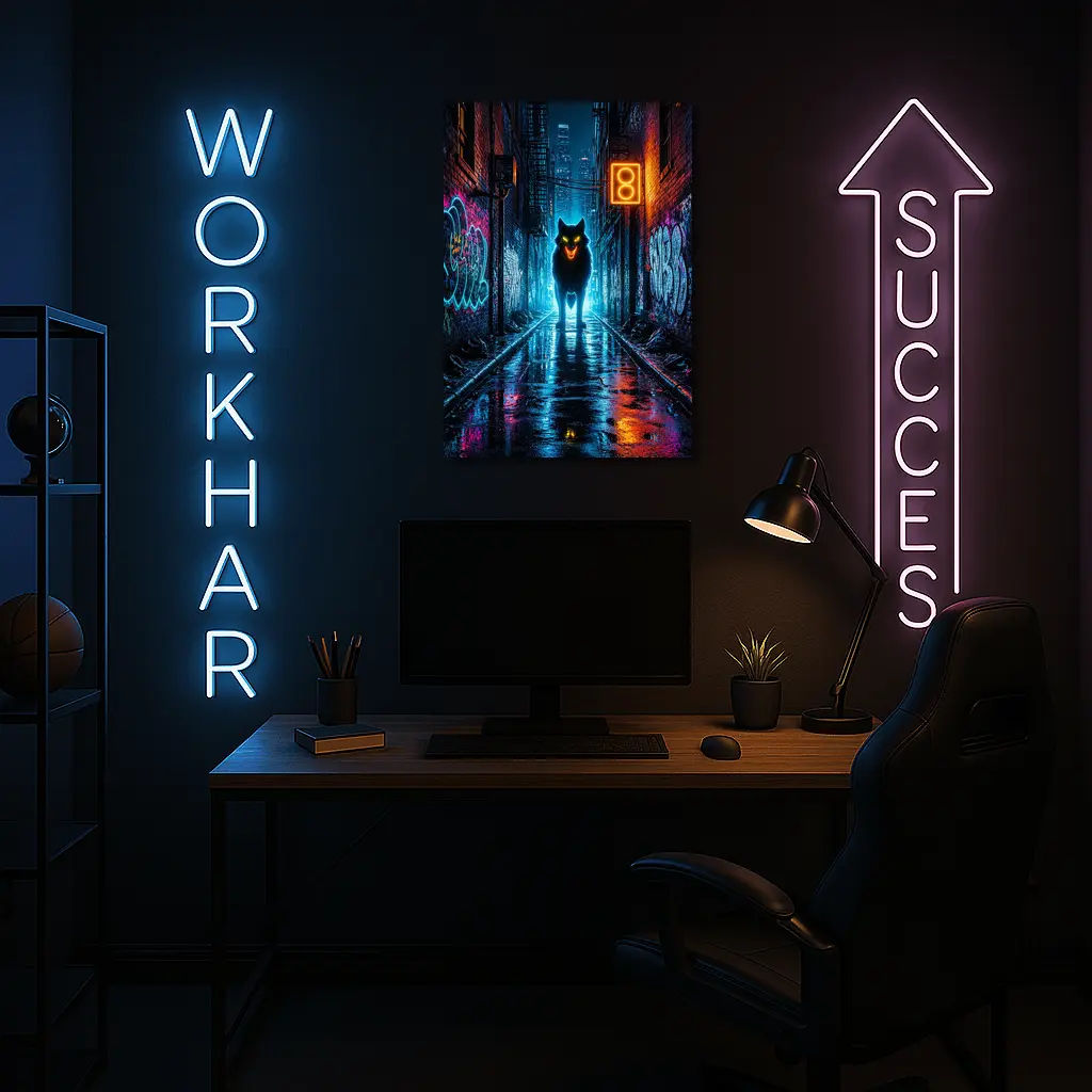Neon Wolf Glowing Dark Urban Alley Night – Wall Art