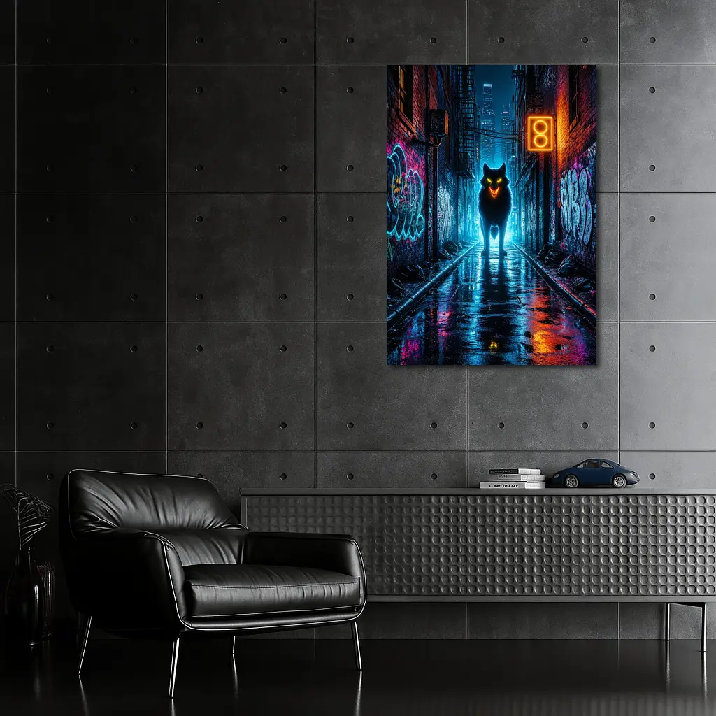 Neon Wolf Glowing Dark Urban Alley Night – Wall Art