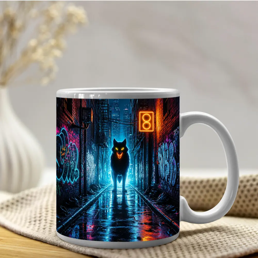 Neon Wolf Glowing Dark Urban Alley Night – Mugs