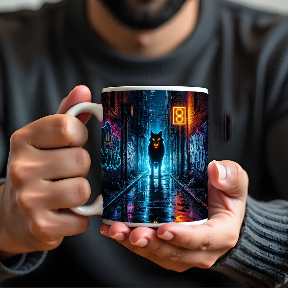 Neon Wolf Glowing Dark Urban Alley Night – Mugs