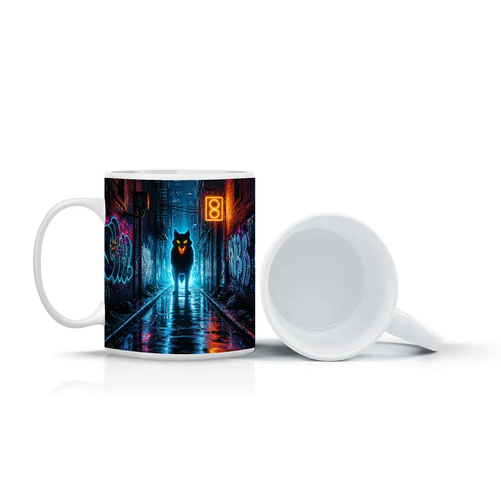 Neon Wolf Glowing Dark Urban Alley Night – Mugs