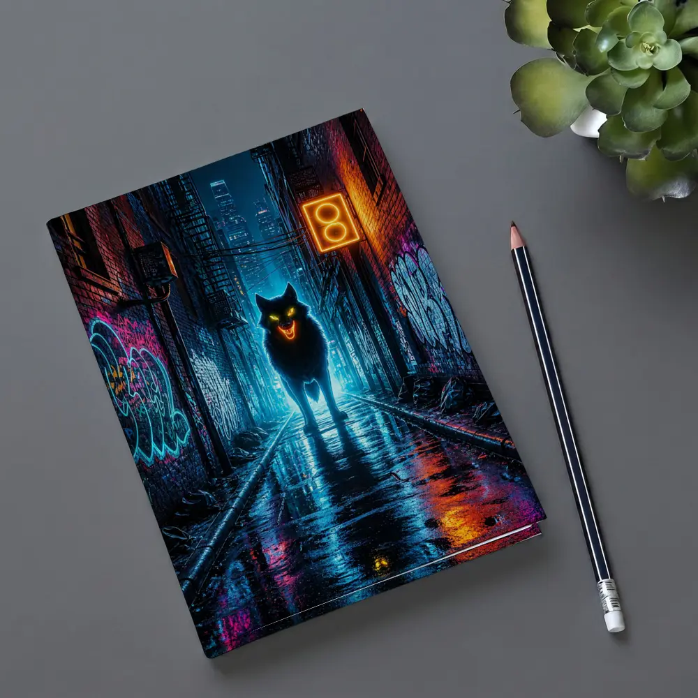 Neon Wolf Glowing Dark Urban Alley Night – Notebooks