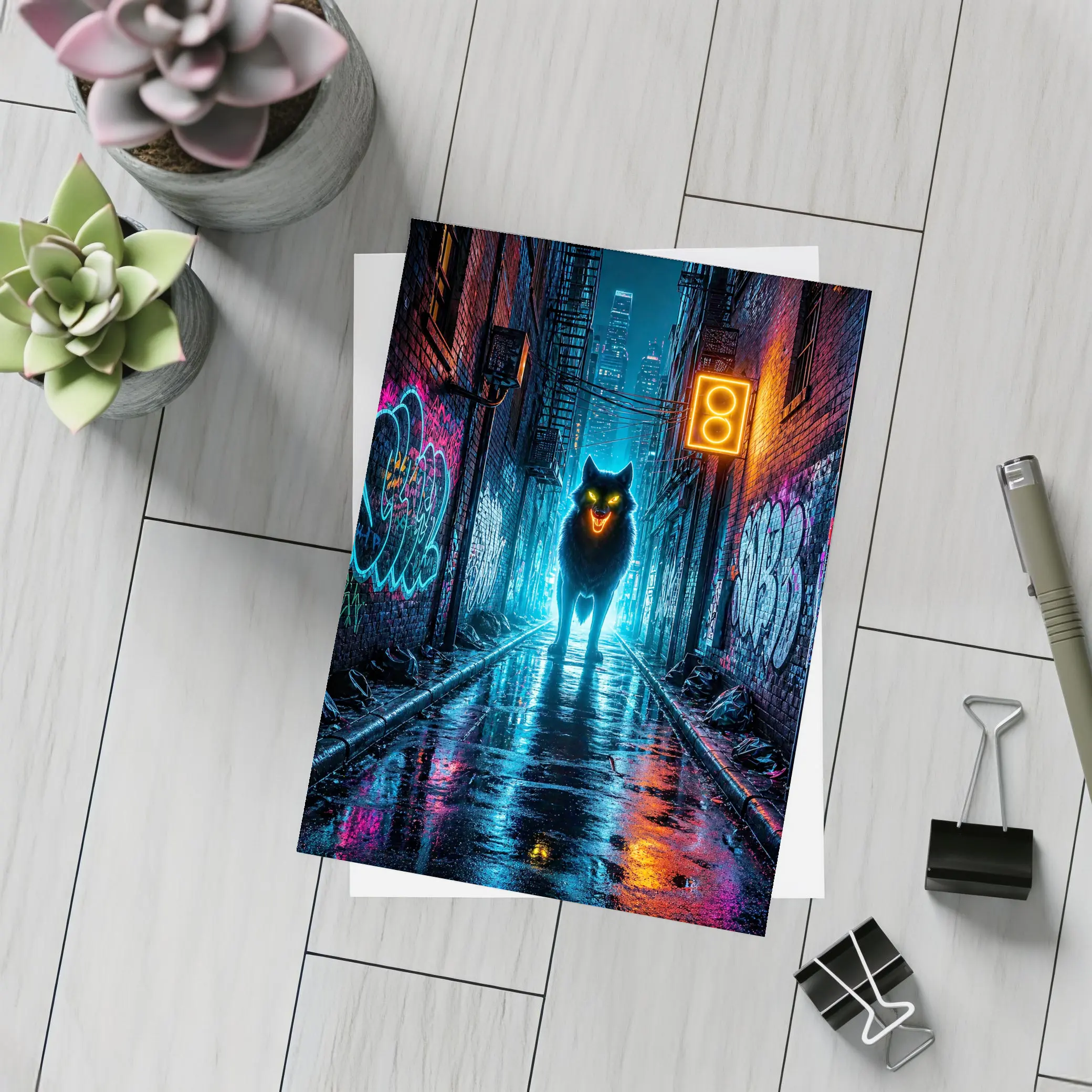 Neon Wolf Glowing Dark Urban Alley Night – Postcards