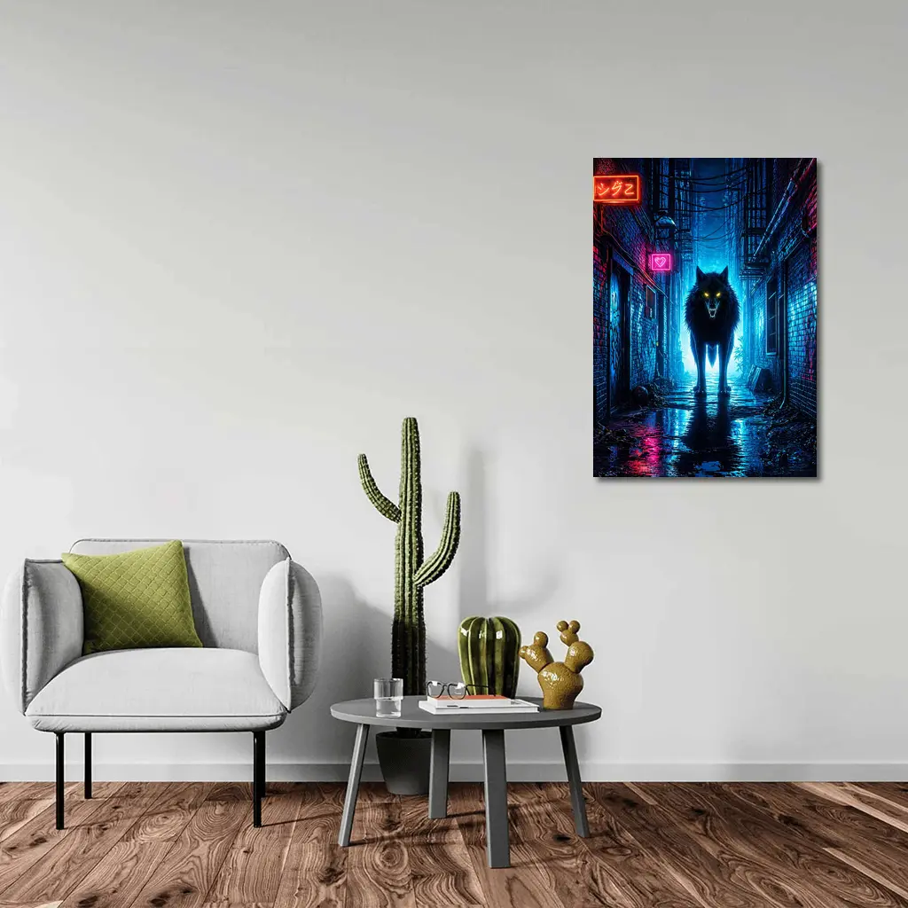 Neon Wolf Glowing Eyes Dark City Alley – Wall Art