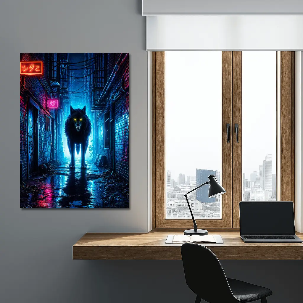 Neon Wolf Glowing Eyes Dark City Alley – Wall Art