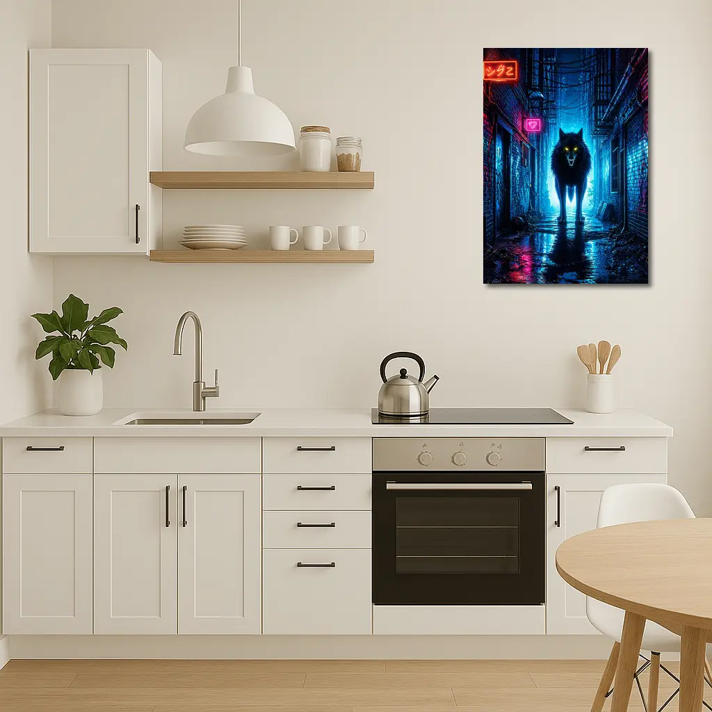 Neon Wolf Glowing Eyes Dark City Alley – Wall Art