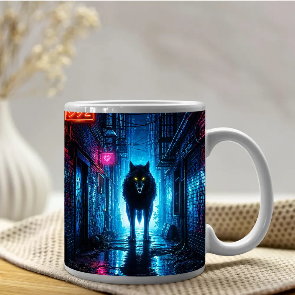 Neon Wolf Glowing Eyes Dark City Alley – Mugs