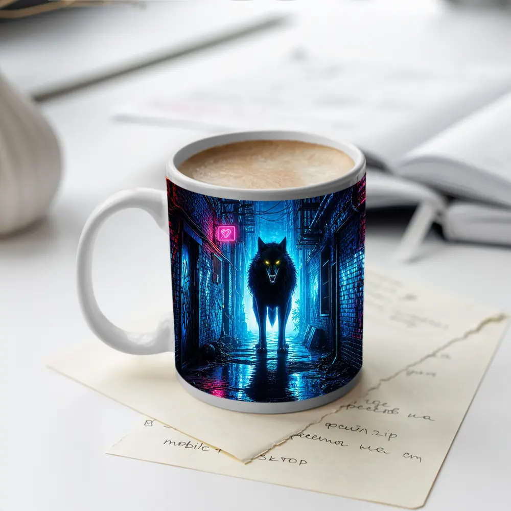 Neon Wolf Glowing Eyes Dark City Alley – Mugs