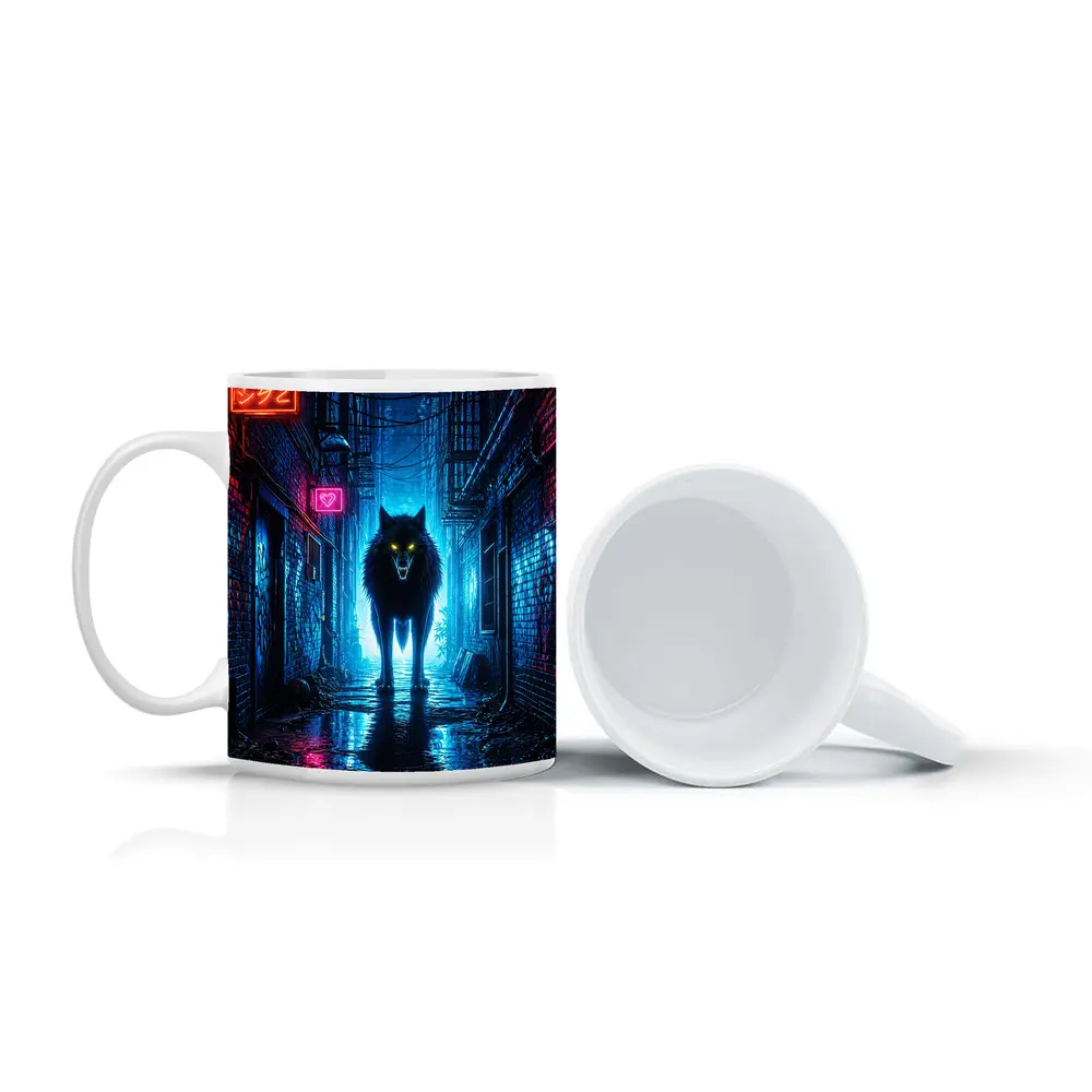 Neon Wolf Glowing Eyes Dark City Alley – Mugs