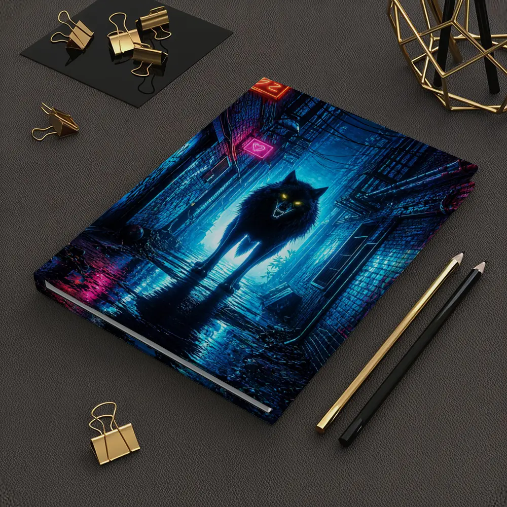 Neon Wolf Glowing Eyes Dark City Alley – Notebooks