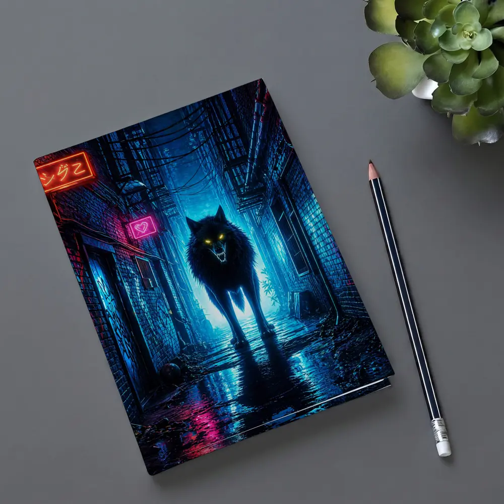 Neon Wolf Glowing Eyes Dark City Alley – Notebooks