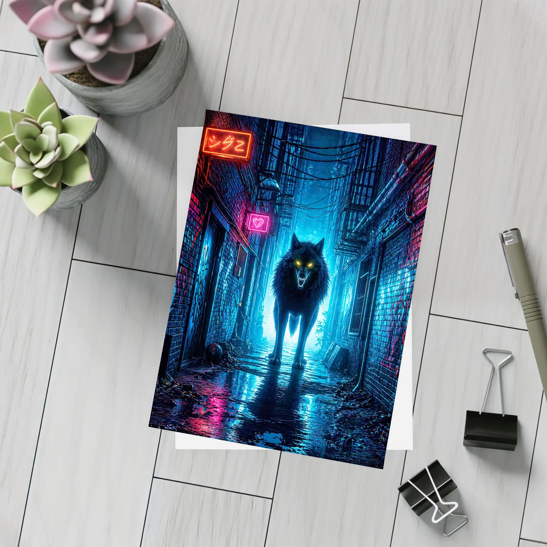 Neon Wolf Glowing Eyes Dark City Alley – Postcards