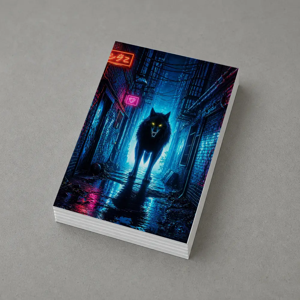 Neon Wolf Glowing Eyes Dark City Alley – Postcards