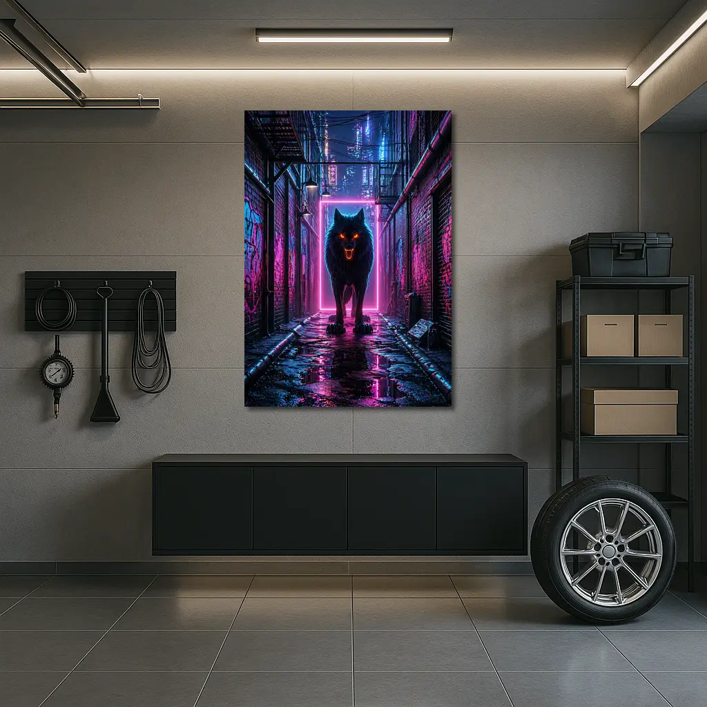 Neon Wolf Dark Cyberpunk City Alley – Wall Art