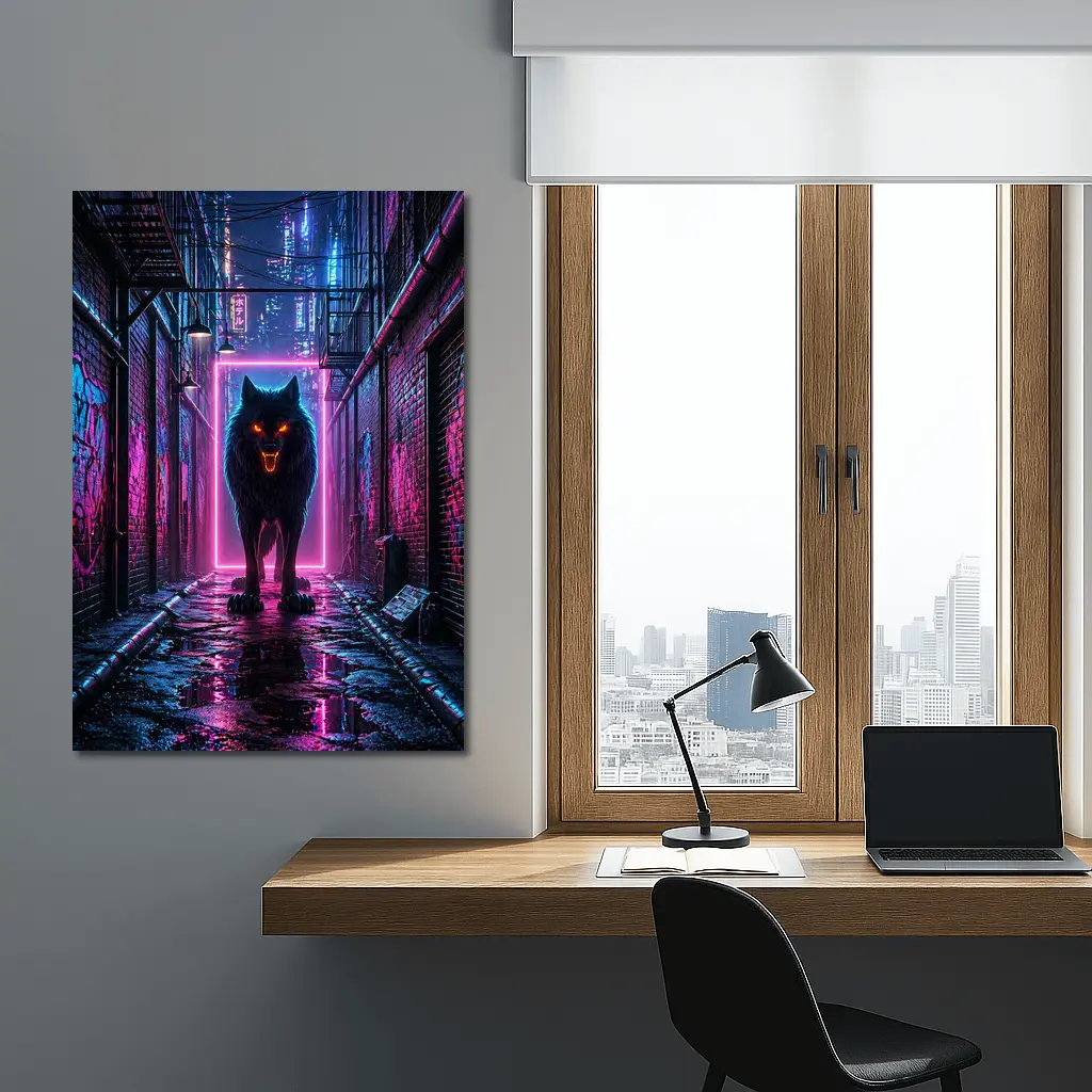 Neon Wolf Dark Cyberpunk City Alley – Wall Art