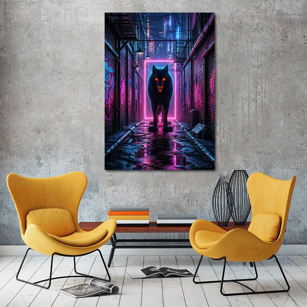 Neon Wolf Dark Cyberpunk City Alley – Wall Art