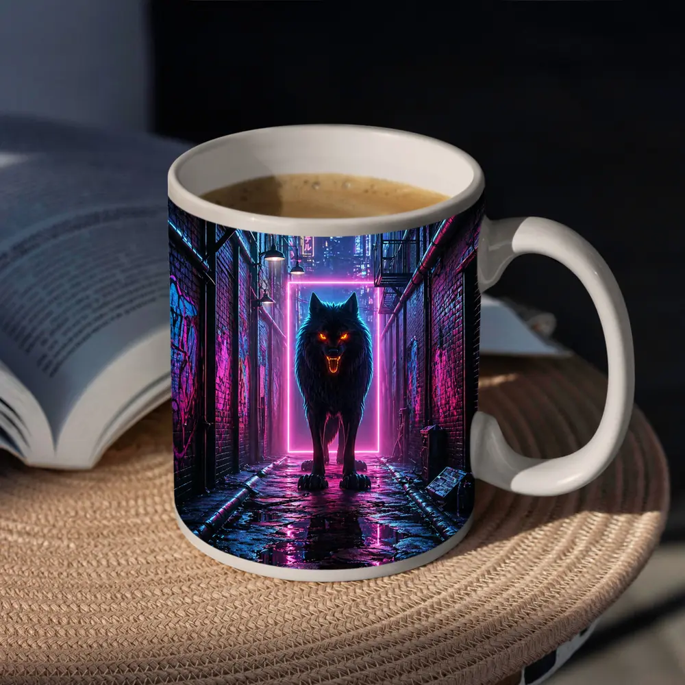 Neon Wolf Dark Cyberpunk City Alley – Mugs