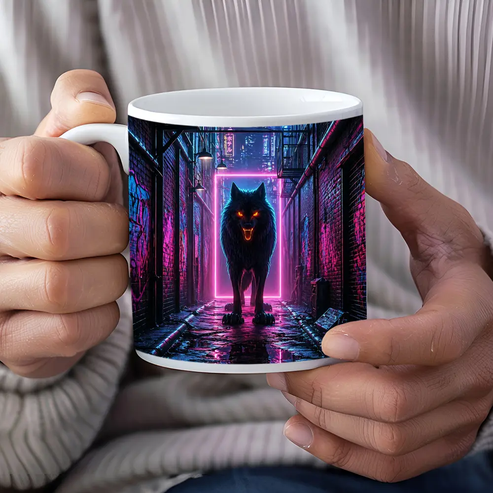 Neon Wolf Dark Cyberpunk City Alley – Mugs