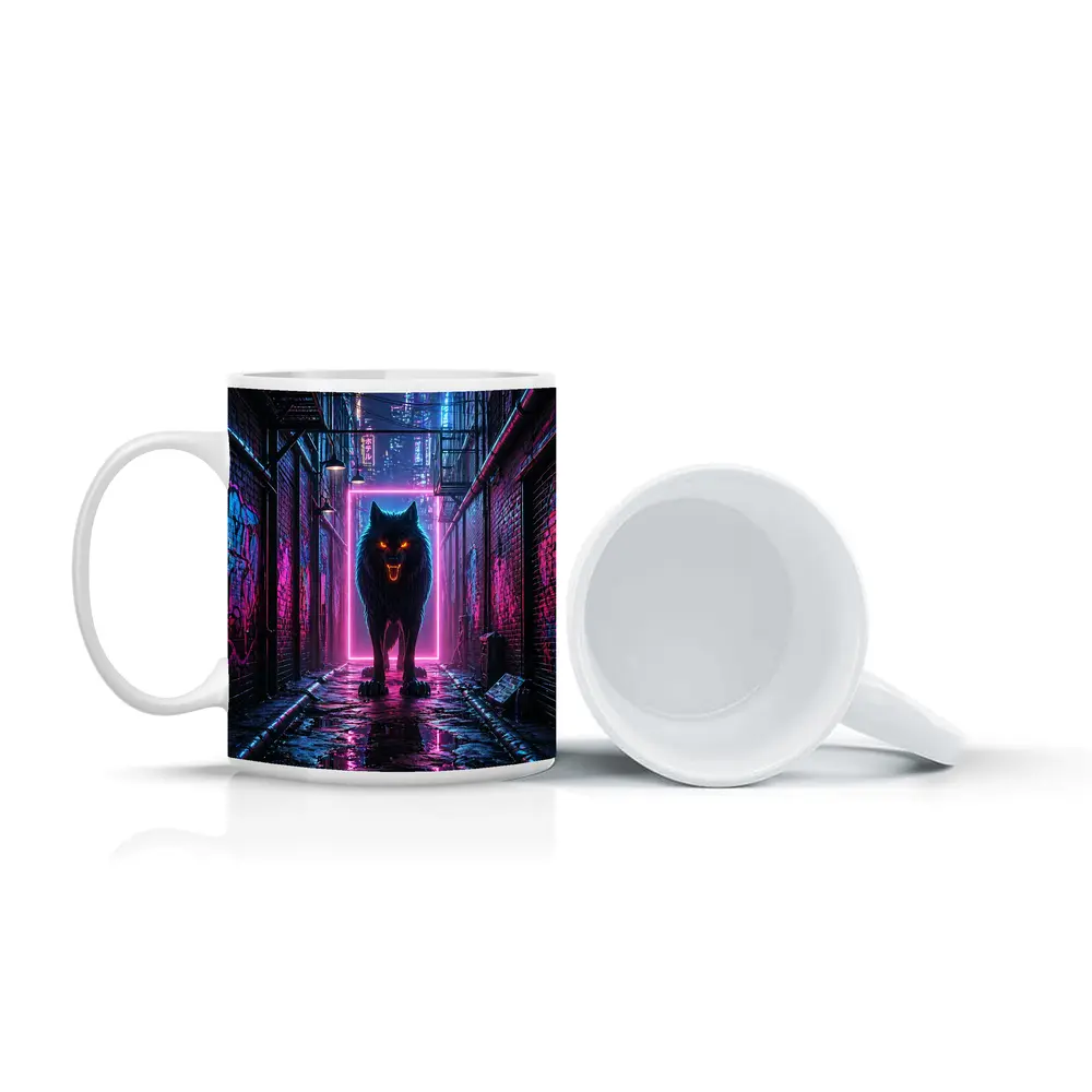 Neon Wolf Dark Cyberpunk City Alley – Mugs