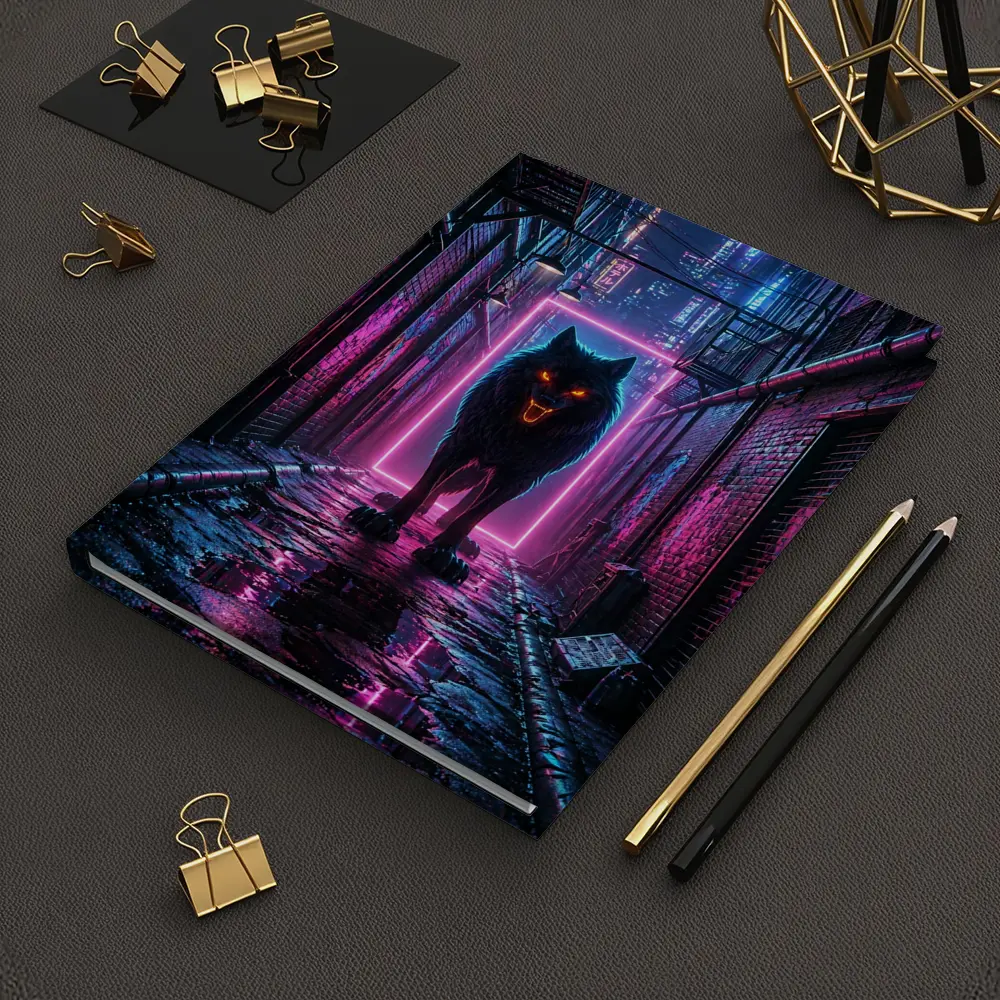 Neon Wolf Dark Cyberpunk City Alley – Notebooks