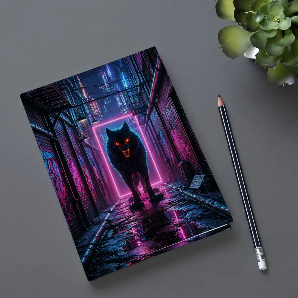 Neon Wolf Dark Cyberpunk City Alley – Notebooks